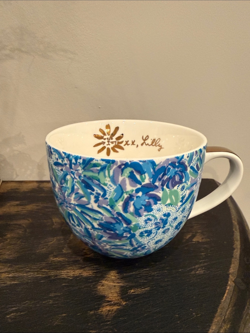 Lilly Pulitzer Blue Floral Mug Gold Handle XX Lilly 12 oz